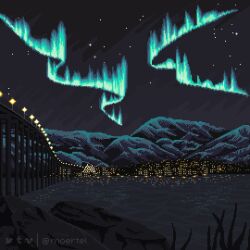animated animated_gif artist_name aurora black_sky bridge city city_lights commentary english_commentary highway looping_animation moertel mountain mountainous_horizon night night_sky no_humans original outdoors pixel_art river rock scenery sky star_(sky) starry_sky twitter_username water