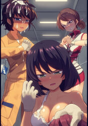 1other 3girls angry bdsm black_hair blue_eyes blush breasts brown_eyes brown_hair cleavage clenched_hands clenched_teeth clothes_grab commentary_request commission cracking_knuckles curly_hair dark-skinned_female dark_skin falling fluorescent_lamp girls_und_panzer gloves green_eyes hallway highres hoshino_(girls_und_panzer) indoors jinguu_(4839ms) jumpsuit kawanishi_shinobu large_breasts multiple_girls ooarai_volleyball_uniform orange_jumpsuit ponytail pov red_shirt red_shorts shibari shibari_over_clothes shirt short_hair short_ponytail short_shorts shorts simulated_facial skeb_commission small_breasts suggestive_fluid suzuki_(girls_und_panzer) tank_top teeth torn_clothes torn_shirt translation_request white_gloves white_tank_top white_undershirt