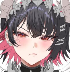1girl black_hair blush close-up closed_mouth colored_inner_hair commentary_request ellen_joe hair_between_eyes hair_ornament hairband half-closed_eyes lips looking_at_viewer maid_headdress medium_hair metal_hairband mole mole_under_eye multicolored_hair nompang pink_hair portrait red_eyes simple_background solo spiked_headband white_background x_hair_ornament zenless_zone_zero