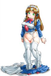 1girl apron artist_request blue_skirt blunt_ends bow bowtie breasts brown_hair covered_erect_nipples full_body futaba_channel garter_belt garter_straps green_eyes groin gundam highres juliet_sleeves large_breasts long_hair long_sleeves maid_headdress navel nijiura_maids open_mouth panties panty_pull puffy_sleeves pussy red_bow red_bowtie shadow sidelocks simple_background skirt solo standing straight_hair thighhighs third-party_source uncensored underwear unworn_apron unworn_skirt v-fin v_gundam victory_(nijiura_maids) victory_gundam white_apron white_background white_garter_straps white_panties white_thighhighs