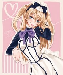 Rule 34 | 1boy, alois trancy, alternate costume, alternate hairstyle, artist name, blonde hair, blue bow, blue eyes, blue shirt, border, bow, commentary, crossdressing, dress, frilled sleeves, frills, hair bow, hairband, hand in own hair, heart, highres, jitome, kuroshitsuji, lolita hairband, long hair, looking at viewer, osugaki, outline, pink background, shirt, sleeveless, sleeveless dress, symbol-only commentary, tongue, tongue out, trap, twintails, white border, white dress, white outline, wormy owo