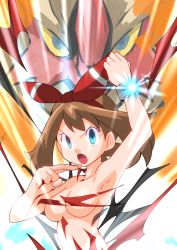 1girl blaziken blue_eyes breasts brown_hair energy exploding_clothes female_focus gen_3_pokemon hainchu may_(pokemon) mega_blaziken mega_pokemon mega_stone navel nintendo nude pokemon pokemon_(creature) serious short_hair torn_clothes