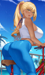 1girl :d ass bicycle blonde_hair blue_pants blush cloud cloudy_sky dark-skinned_female dark_skin earrings fang hai_ookami highres jewelry long_hair looking_back midriff ocean open_mouth original palm_tree pants ponytail riding riding_bicycle sky smile solo sports_bra tan tight_clothes tight_pants tree white_sports_bra yellow_eyes