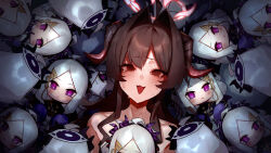 Rule 34 | 1girl, ahoge, blue archive, brown hair, brown horns, character doll, crying, crying with eyes open, doll, hair intakes, halo, highres, hina (blue archive), horns, kasumi (blue archive), long hair, lying, on back, open mouth, purple hair, red halo, red horns, shiburingaru, solo, tears, too many dolls, white hair