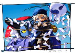 Rule 34 | 2boys, antennae, bare tree, black sclera, blue eyes, blue skin, blue sky, blue tunic, blue turban, blush, cape, carrying, carrying person, colored sclera, colored skin, dated, dragon lord, dragon quest, dragon quest monsters, dragon quest monsters: terry&#039;s wonderland, fluffy (dragon quest), grey hair, happy, hdw91v, male focus, multiple boys, open mouth, outdoors, purple cape, short hair, sky, terry (dq6), tree, tunic, tying, white fur, yellow eyes