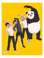 1girl 2boys =_= arm_up black_footwear black_hair black_jacket black_leggings black_pants black_skirt border brown_scarf closed_mouth covered_mouth exercising full_body glasses grin hand_on_own_hip high_ponytail highres inumaki_toge jacket jujutsu_kaisen leggings looking_at_another looking_at_viewer medaka_(medapappa) multiple_boys okkotsu_yuuta panda_(jujutsu_kaisen) pants ponytail scarf shirt shoes short_hair short_sleeves simple_background skirt smile sneakers standing stretching t-shirt white_border white_footwear white_shirt yellow_background zen&#039;in_maki