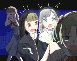 Rule 34 | 4girls, :d, blonde hair, blue background, blue eyes, blue hair, blush, braid, brown hair, center-flap bangs, ceras yanagida lilienfeld, commentary request, covering own ears, dark, dress, fang, flower, ghost pose, gradient hair, green neckerchief, grey hair, hair flower, hair ornament, hasu no sora school uniform, hinoshita kaho, ichinichi san&#039;yen, kachimachi kosuzu, letterboxed, link! like! love live!, love live!, medium dress, multicolored hair, multiple girls, neckerchief, open mouth, orange eyes, orange flower, osawa rurino, outside border, peanut mouth, pleated dress, puffy short sleeves, puffy sleeves, rabbit hair ornament, red neckerchief, sailor collar, sailor dress, scared, school uniform, short sleeves, side braids, smile, standing, summer uniform, two side up, v-shaped eyebrows, virtual youtuber, white dress, white sailor collar, yellow neckerchief