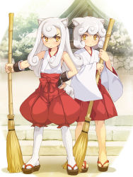 1boy 1girl :&lt; adapted_uniform animal_ears bamboo_broom broom brother_and_sister clog_sandals dog_boy dog_ears dog_tail frown full_body grey_hair japanese_clothes koma_(neko_musume_michikusa_nikki) komainu miko neko_musume_michikusa_nikki no_socks onono_imoko sandals shishimaru shishimaru_(neko_musume_michikusa_nikki) siblings tail trap white_legwear yellow_eyes zouri
