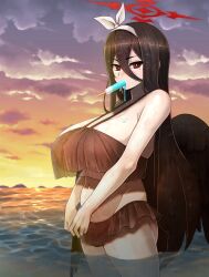1girl bikini black_hair black_wings blue_archive blush bow_hairband breasts cameltoe cloud cloudy_sky covered_groin dripping dusk eating feathered_wings food food_in_mouth food_on_body food_on_breasts frilled_bikini frills groin hair_between_eyes hairband halo hasumi_(blue_archive) highres huge_breasts ice_cream long_hair long_hair_between_eyes looking_at_viewer low_wings melting mole mole_under_eye mouth_hold navel nikrop ocean outdoors own_hands_together partially_submerged popsicle popsicle_in_mouth red_halo see-through_clothes sky solo spaghetti_strap standing swimsuit v-shaped_eyebrows v_arms very_long_hair wading water wet wet_hair white_hairband wings
