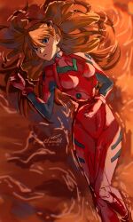 Rule 34 | 1girl, 2025, absurdres, blue eyes, bodysuit, breasts, brown hair, crystalmoonlitt, dated, highres, looking at viewer, lying, mecha pilot suit, neon genesis evangelion, on back, open mouth, plugsuit (evangelion), red bodysuit, smile, solo, souryuu asuka langley, wet