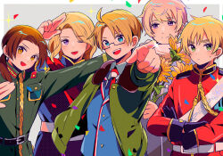 5boys america_(hetalia) arm_up axis_powers_hetalia belt black-framed_eyewear black_belt black_gloves blonde_hair blue_coat blue_eyes blue_jacket blue_shirt blue_vest blush border brown_eyes brown_hair buttons china_(hetalia) closed_mouth coat collared_shirt confetti cowboy_shot crossed_arms facial_hair france_(hetalia) fur-trimmed_jacket fur_trim glasses gloves gold_trim green_eyes green_jacket grey_background jacket lapels long_hair long_sleeves looking_at_another looking_at_viewer male_focus mandarin_collar military_jacket military_uniform multiple_boys necktie one_eye_closed open_clothes open_jacket open_mouth outside_border pointing pointing_at_viewer ponytail purple_eyes red_jacket red_necktie russia_(hetalia) sanamaru_(sana79261827) sash scarf semi-rimless_eyewear shirt short_hair simple_background smile sparkle standing sweatdrop teeth tongue united_kingdom_(hetalia) vest white_belt white_border white_hair white_scarf