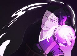 Rule 34 | 1boy, black hair, black kimono, clenched teeth, commentary request, constricted pupils, getou suguru, getou suguru (kenjaku), glowing, hair slicked back, holding orb, japanese clothes, jujutsu kaisen, kimono, korean commentary, male focus, narrowed eyes, one side up, purple theme, sagga sansam7, solo, stitched face, stitches, strap, teeth