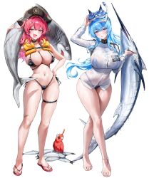 Rule 34 | 2girls, absurdres, anklet, bandaid, bikini, bikini under clothes, bird, black bikini, black choker, blue bikini, blue eyes, blue hair, blush, braid, breasts, choker, cleavage, fang, feet, fish, goddess of victory: nikke, goggles, goggles on head, hair ornament, hairclip, hat, hat ornament, helm (aqua marine) (nikke), helm (nikke), highres, huge breasts, jewelry, large breasts, long hair, long sleeves, looking at viewer, marlin (fish), mast (nikke), morgan (nikke), multi-strapped bikini bottom, multiple girls, murabana44, naval jacket, navel, no pants, official alternate costume, open mouth, parrot, pink eyes, pink hair, pirate hat, ponytail, sandals, see-through clothes, see-through shirt, shark, shirt, skin fang, skull hair ornament, skull hat ornament, skull ornament, skull print, smile, snorkel, snorkel mask, stomach, swimsuit, thighlet, thighs, wet, wet clothes, wet jacket, wet shirt