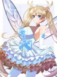 1girl bare_shoulders blonde_hair blue_eyes blue_skirt blush bow bradamante_(fate) bradamante_(fgo_fes._2025)_(fate) braid breasts crown_braid dress duplicate elbow_gloves fairy_wings fate/grand_order fate_(series) flower gloves hair_flower hair_ornament highres large_breasts layered_skirt long_hair looking_at_viewer pantyhose skirt smile solo tanutika thighs twintails very_long_hair watermark white_dress white_gloves white_pantyhose wings