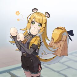 1girl animal_ears black_gloves black_shorts blonde_hair elbow_gloves fingerless_gloves food gloves green_eyes highres holding holding_bun holding_with_tail ju_fufu long_hair mouth_hold pistacho0101 prehensile_tail shorts smile solo steamed_bun tail thigh_strap tiger_ears tiger_girl tiger_tail zenless_zone_zero