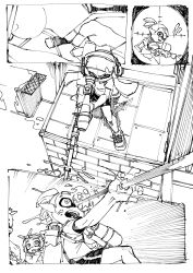 Rule 34 | 1boy, 1girl, absurdres, aiming, building, character request, commentary, domino mask, fangs, finger on trigger, firing, greyscale, gun, headshot, high contrast, highres, holding, holding weapon, inkling boy, inkling girl, inkling player character, lineart, looking at another, mask, monochrome, nintendo, orly custer, outstretched arm, paint, rifle, scope, shirt, short sleeves, shorts, sketch, sniper rifle, sniping, splat charger (splatoon), splatoon (series), standing, symbol-only commentary, weapon, wide-eyed