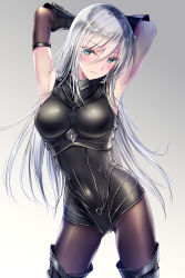 1girl armor armpits arms_behind_head bad_id bad_pixiv_id black_bodysuit black_boots black_pantyhose blush body_armor bodysuit bodysuit_under_armor boobplate boots breastplate breasts commentary_request female_focus gauntlets green_eyes grey_background hair_between_eyes highres kobayashi_chisato long_hair looking_at_viewer medium_breasts original pantyhose sidelocks silver_hair simple_background sleeveless solo thigh_boots thighhighs warrior