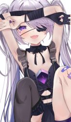 1girl absurdres arm_wrap black_gloves black_shirt black_skirt black_thighhighs castellayaki chest_jewel detached_collar eyepatch fingerless_gloves flat_chest gem gloves grey_hair highres hololive hololive_english jewel_under_eye koseki_bijou koseki_bijou_(casual) long_hair looking_at_viewer official_alternate_costume official_alternate_hairstyle open_mouth purple_eyes purple_gemstone purple_nails shirt simple_background single_glove single_thighhigh skirt solo thighhighs twintails virtual_youtuber white_background
