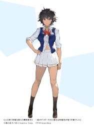 Rule 34 | 1girl, absurdres, artist name, black hair, blue vest, breasts, brown socks, closed eyes, closed mouth, collarbone, collared shirt, full body, hair between eyes, hand on own hip, highres, itan na karera no kimitsu kyoshitsu, large breasts, loafers, long sleeves, looking at viewer, messy hair, midriff, mole, mole under eye, nauribon, navel, red ribbon, ribbon, school uniform, shinshi ibuki, shirt, shoes, short hair, simple background, skirt, sleeves rolled up, socks, solo, standing, tachi-e, tented shirt, thighs, tsurime, vest
