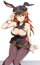 Rule 34 | 1girl, animal ears, arm support, black leotard, blue eyes, blush, breasts, brown pantyhose, charlotte e. yeager, cleavage, closed mouth, hat, large breasts, leotard, looking at viewer, nanashino, one eye closed, pantyhose, rabbit ears, simple background, smile, solo, strike witches, white background, world witches series