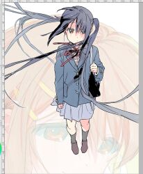 1girl black_hair blazer blush brown_eyes cambriancaris highres hirasawa_yui jacket kneehighs long_hair nakano_azusa neck_ribbon pleated_skirt red_ribbon ribbon school_uniform skirt socks solo twintails very_long_hair zoom_layer