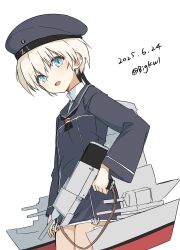 1girl absurdres adapted_turret bigkwl blonde_hair blue_eyes clothes_writing dated dress hat highres kantai_collection long_sleeves looking_at_viewer open_mouth rigging sailor_dress sailor_hat short_hair solo white_background z1_leberecht_maass_(kancolle)