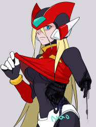 1girl absurdres armor artist_name battle_damage bliss_zero_(mega_man) blonde_hair blue_eyes breasts cable clothes_lift cowboy_shot cropped_shirt forehead_jewel genderswap genderswap_(mtf) grey_background helmet highres long_hair medium_breasts mega_man_(series) mega_man_zero_(series) nao_(gatita) red_armor red_helmet red_shirt shirt shirt_lift simple_background solo svc_chaos zero(z)_(mega_man) zero_(mega_man)