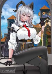 1girl absurdres arm_pouch artist_name black_choker black_gloves black_horns black_pants black_pouch black_tail blue_sky breasts chest_harness choker closed_mouth collared_shirt commentary crossed_legs curled_horns day demon_tail earrings gloves harness highres holding horns jewelry key_earrings large_breasts leon_kunisagi looking_at_viewer necktie outdoors pants red_eyes red_necktie shirt shirt_tucked_in sitting sky solo tail white_shirt wuthering_waves zani_(wuthering_waves)