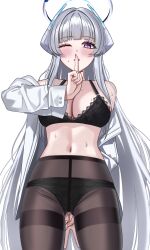 Rule 34 | 1girl, absurdres, bare shoulders, black bra, black panties, black pantyhose, blue archive, blush, bra, breasts, cat080805, cleavage, finger to mouth, highres, large breasts, long hair, looking at viewer, navel, no pants, noa (blue archive), one eye closed, open mouth, panties, panties under pantyhose, pantyhose, purple eyes, shirt, shushing, solo, stomach, sweat, underwear, v, white hair, white shirt