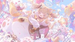 1girl animal_ears balloon blonde_hair blush cat cat_ears cat_girl cat_tail closed_eyes commission highres long_sleeves medium_hair open_mouth original puffy_long_sleeves puffy_sleeves shirt smile solo tail teeth twintails umehara_sei upper_teeth_only white_shirt
