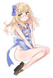 1girl alternate_costume aohashi_ame apron bare_shoulders blonde_hair blue_apron glasses highres long_hair looking_at_viewer naked_apron no_pants open_mouth perrine_h._clostermann shoes simple_background sitting solo strike_witches white_background world_witches_series yellow_eyes