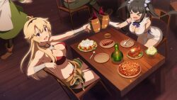 &gt;_&lt; 2girls :d bare_shoulders bikini black_hair blonde_hair blue_eyes blue_ribbon blush_stickers breasts chair chicken_(food) cleavage cleavage_cutout clothing_cutout cosplay crossover cup dress drinking_glass dungeon_ni_deai_wo_motomeru_no_wa_machigatteiru_darou_ka elbow_gloves food food_request game_cg gloves hestia_(danmachi) holding holding_cup indoors kohagura_ellen large_breasts long_hair multiple_girls navel official_art on_chair open_mouth pasta plate red_bikini ribbon sitting smile spaghetti stomach swimsuit table tione_hyryute tione_hyryute_(cosplay) toasting_(gesture) toji_no_miko toji_no_miko:_kizamishi_issen_no_tomoshibi twintails white_dress white_gloves wooden_cup