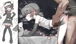 1boy 1girl ^^^ armpits bed bent_over blank_censor blush boots breath cat_(nyanko_daisensou) censored commentary condom condom_wrapper crop_top dark-skinned_male dark_skin dress ebora elbow_gloves english_commentary english_text flat_chest gloves grey_boots grey_dress grey_gloves grey_hair hairband heart heavy_breathing helmet highres loli momoco_(nyanko_daisensou) multiple_views nyanko_daisensou out_of_frame pale_skin panties penis pillow puckered_lips rolling_eyes sex shirt short_hair short_twintails sidelocks standing standing_sex stomach_bulge sweat tank_top thigh_boots torso_grab trembling twintails underwear used_condom white_panties white_shirt x-ray