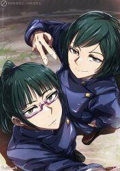 2025 2girls artist_name brown_eyes commentary dated dated_commentary english_text full_body glasses green_eyes green_hair happy_birthday highres jujutsu_kaisen jujutsu_tech_uniform long_sleeves looking_up multiple_girls ponytail puchikun selfie short_hair siblings sisters smile standing zen&#039;in_mai zen&#039;in_maki
