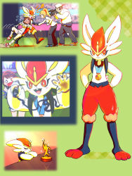 1boy 2girls blush camera cameraman_(pokemon) cinderace commentary_request drawing_on_fourth_wall flying_sweatdrops full-face_blush gen_8_pokemon gloria_(pokemon) hands_on_own_hips holding holding_pen inoshikachou lens_flare medal microphone multiple_girls musical_note nintendo o_o open_mouth pen pokemon pokemon_(creature) pokemon_swsh reporter_(pokemon) shirt shoes shorts smile socks stadium trophy wavy_mouth white_legwear writing