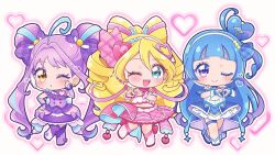 3girls ahoge aqua_eyes blonde_hair blue_hair blue_skirt chibi chibi_only cure_idol cure_kyunkyun cure_wink dress full_body highres kimi_to_idol_precure long_hair multiple_girls one_eye_closed pink_skirt precure purple_dress purple_eyes purple_hair skirt umiyuki_(umi_chu) very_long_hair yellow_eyes
