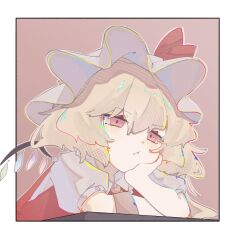 1girl blonde_hair border closed_mouth collar collared_shirt crystal crystal_wings elbow_rest flandre_scarlet frilled_collar frills hair_between_eyes hand_rest hat hat_ribbon highres mob_cap multicolored_wings nanashi_1104 one_side_up pout puffy_short_sleeves puffy_sleeves red_eyes red_ribbon red_vest ribbon shirt short_hair short_sleeves solo touhou upper_body vest white_border white_hat white_shirt wings