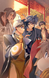4boys absurdres arms_behind_head black_hair blue_eyes blue_hair cape cigarette facial_hair gloves hair_between_eyes hat headband highres holding holding_scroll houshin_engi kou_hiko kou_tenka long_hair male_focus multiple_boys open_mouth outdoors pillar rik_haru scar scar_on_face scroll short_hair smile stubble suupuushan taikoubou youzen