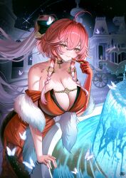 1girl absurdres ahoge artist_logo bare_shoulders black_bow body_markings bow braid breasts bright_pupils changli_(wuthering_waves) closed_mouth collarbone colored_extremities commentary dress duplicate feather_boa fountain hair_between_eyes hair_bow hair_extensions hair_intakes highres logo long_hair looking_at_viewer multicolored_hair official_alternate_costume outdoors pixel-perfect_duplicate ponytail red_dress red_hands ring_hair_extensions smile solo strapless strapless_dress tansuan_(ensj3875) twin_braids two-tone_hair very_long_hair white_pupils wuthering_waves yellow_eyes
