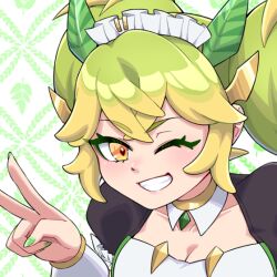 1girl black_dress breasts cleavage close-up dragon_girl dragon_horns dress green_hair horns large_breasts maid maid_headdress one_eye_closed orange_eyes parlor_dragonmaid simple_background solo v white_background yata_masahara yu-gi-oh!