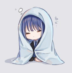 Rule 34 | 1girl, black sweater vest, black thighhighs, blanket, blue hair, blue necktie, closed eyes, closed mouth, collared shirt, commentary request, full body, grey background, highres, multicolored hair, necktie, original, school uniform, shirt, single thighhigh, sleeping, solo, streaked hair, sweater vest, thighhighs, translation request, white hair, white shirt, wrapped in blanket, yoruse