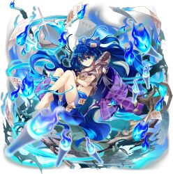1girl barefoot blue_bow blue_eyes blue_fire blue_hair blue_skirt bow bowl bracelet candle closed_mouth crossed_arms drawstring fire full_body game_cg grey_hoodie hair_between_eyes hair_bow highres hood hoodie jewelry long_hair looking_at_viewer midriff_peek navel official_art paper rotte_(1109) short_sleeves skirt solo third-party_source toes touhou touhou_lostword translation_request transparent_background very_long_hair wavy_hair yorigami_shion