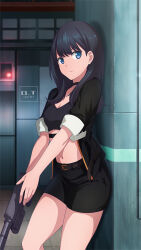 Rule 34 | 1girl, against wall, belt, black belt, black bra, black choker, black hair, black jacket, black shorts, blue eyes, bra, choker, feet out of frame, game cg, gridman universe, gun, highres, holding, holding gun, holding weapon, indoors, jacket, long hair, midriff, navel, official art, shorts, sideways glance, solo, ssss.gridman, takarada rikka, third-party source, underwear, weapon