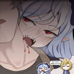 1girl 2boys absurdres biting blonde_hair blood blue_hair blush chibi fangs grey_hair heart heart-shaped_pupils highres hugo_vlad imagining looking_at_another mata_(matasoup) multicolored_hair multiple_boys neck_biting nosebleed pointy_ears speech_bubble streaked_hair sweatdrop symbol-shaped_pupils thought_bubble vampire vivian_banshee white_hair wise_(zenless_zone_zero) zenless_zone_zero