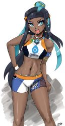 1girl absurdres armlet bikini black_hair blue_eyes blue_hair dark-skinned_female dark_skin female_focus gloves gym_leader hair_bun half_updo highres jewelry john_joseco navel necklace nessa_(pokemon) nintendo pokemon pokemon_swsh ponytail short_shorts shorts single_hair_bun solo sportswear swimsuit tankini