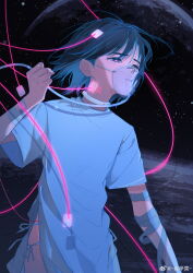 1girl absurdres alien_stage artist_name bandaged_arm bandages black_hair chinese_commentary choker commentary_request dress highres hospital_gown juan_xin_cai neck_tattoo oxygen_mask planet purple_eyes short_hair short_sleeves solo space star_(sky) sua_(alien_stage) tattoo watermark weibo_watermark white_choker white_dress
