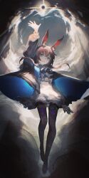 1girl absurdres amiya_(arknights) animal_ears arknights arm_up blue_eyes blue_jacket brown_hair brown_pantyhose full_body hair_between_eyes hand_up highres infection_monitor_(arknights) jacket jiuxiaoshi long_sidelocks looking_at_viewer open_clothes open_jacket open_mouth pantyhose rabbit_ears rabbit_girl shirt sidelocks solo white_shirt