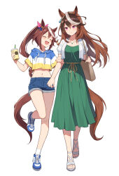 Rule 34 | 2girls, :d, ^ ^, animal ears, bag, blue shorts, blush, breasts, brown hair, cleavage, closed eyes, commentary request, crop top, cropped jacket, cup, denim, denim shorts, disposable cup, drawstring, dress, drinking straw, green dress, hair between eyes, holding, holding cup, hood, hood down, hoodie, horse ears, horse girl, horse tail, jacket, long hair, mauve, medium breasts, midriff, multicolored hair, multiple girls, navel, open clothes, open jacket, open mouth, ponytail, puffy short sleeves, puffy sleeves, sandals, shoes, short shorts, short sleeves, shorts, simple background, smile, standing, standing on one leg, striped clothes, striped hoodie, symboli rudolf (umamusume), tail, tokai teio (umamusume), two-tone hair, umamusume, very long hair, walking, white background, white hair, white jacket, white sandals, white shoes