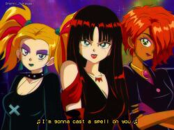 Rule 34 | 1990s (style), 3girls, bare shoulders, bat necklace, black hair, blonde hair, breasts, brenni murasaki, choker, clip studio paint (medium), commentary, dark-skinned female, dark skin, dusk (scooby-doo), english commentary, goth fashion, green eyes, hex girls, highres, lipstick, looking at viewer, luna (scooby-doo), makeup, medium breasts, multiple girls, retro artstyle, scooby-doo, smile, thorn (scooby-doo)