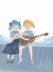 2girls acoustic_guitar bang_dream! bang_dream!_it&#039;s_mygo!!!!! black_bow black_bowtie black_ribbon black_shoes black_skirt blonde_hair blue_hair bow bowtie chinese_commentary closed_eyes commentary_request dress_shirt guitar hair_ribbon highres instrument inumi_(780956) medium_hair misumi_uika multiple_girls music open_mouth playing_guitar playing_instrument ribbon shirt shoes short_sleeves shorts sidelocks skirt socks togawa_sakiko two_side_up white_shirt white_shoes white_shorts white_socks yellow_eyes